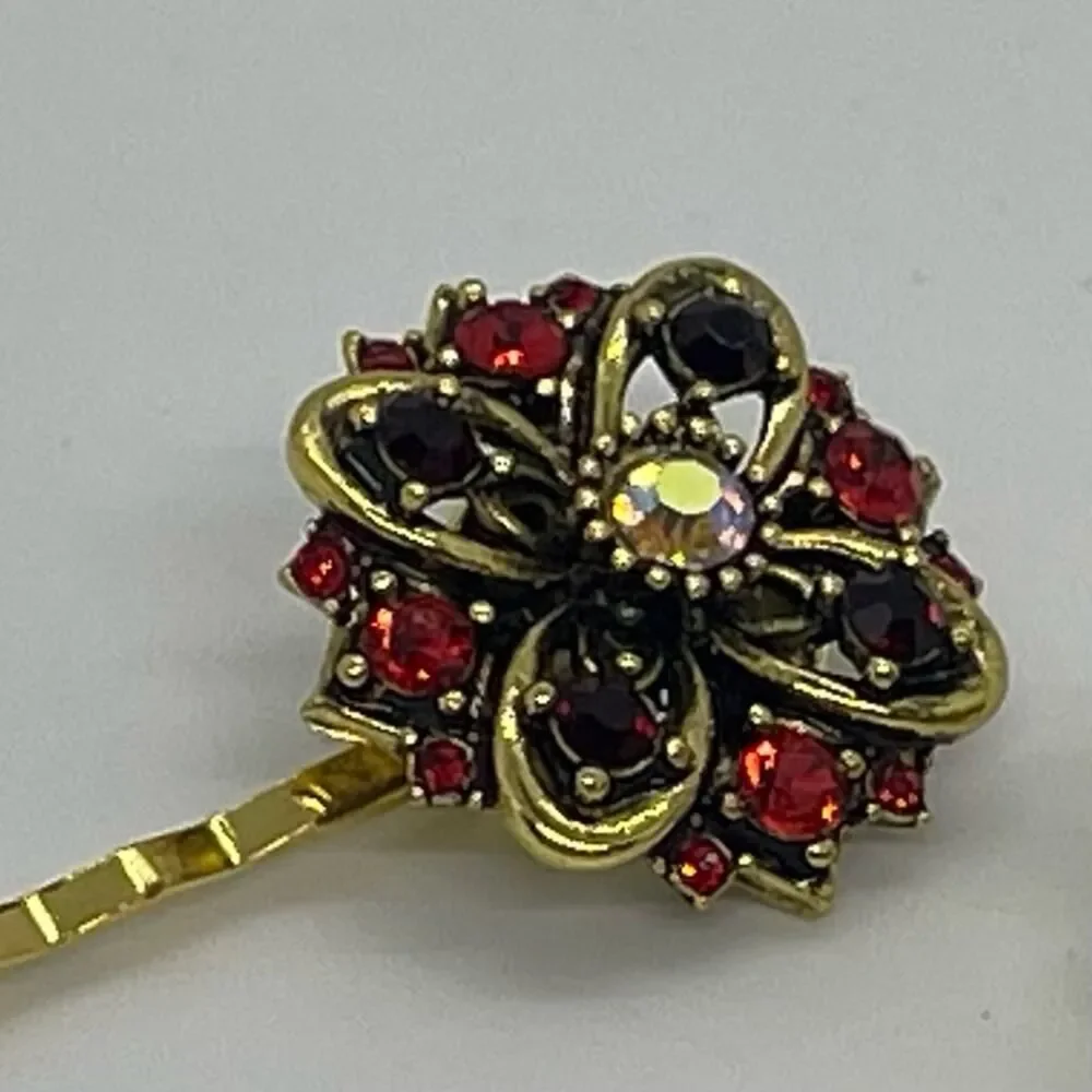 Handmade Red Brown Rhinestone Gold Set Hair Clips HoCo Wedding Fairy Jewelry NWT